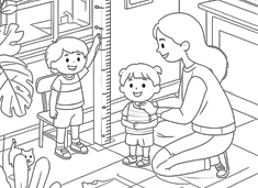 媽媽給兩個孩子量身高的簡筆畫圖片